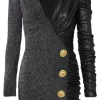 Dual-Fabric Draped Wrap Dress