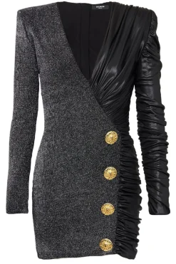Dual-Fabric Draped Wrap Dress
