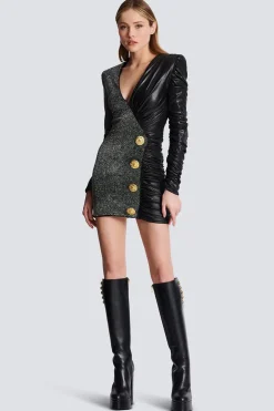 Dual-Fabric Draped Wrap Dress