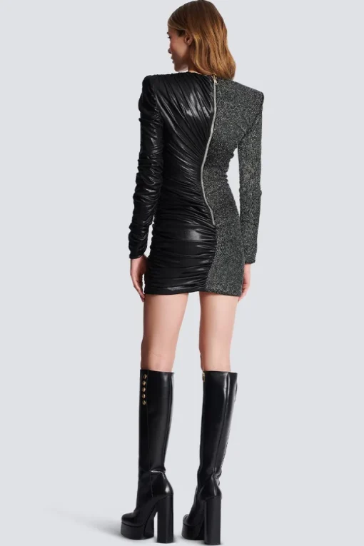 Dual-Fabric Draped Wrap Dress
