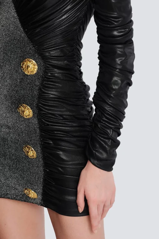Dual-Fabric Draped Wrap Dress