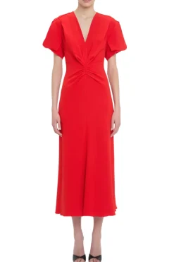 Gathered V-Neck Midi Dress