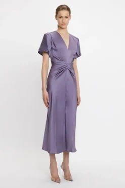 Gathered V-Neck Midi Dress