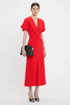 Gathered V-Neck Midi Dress