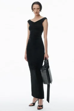 Ruched Wide V-Neck Maxi Dress
