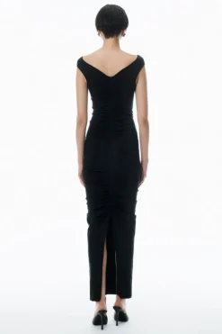 Ruched Wide V-Neck Maxi Dress
