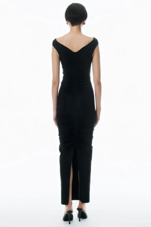 Ruched Wide V-Neck Maxi Dress